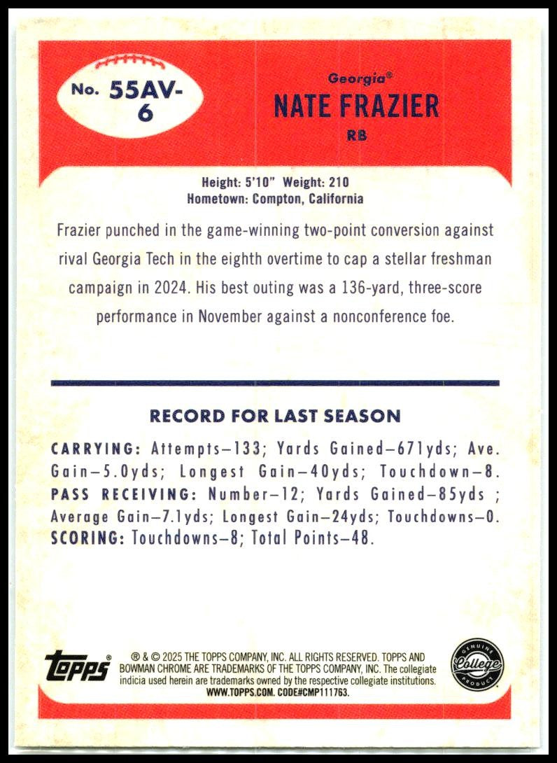 2025 Bowman Chrome University 1955 Bowman #55AV-6 Nate Frazier Georgia