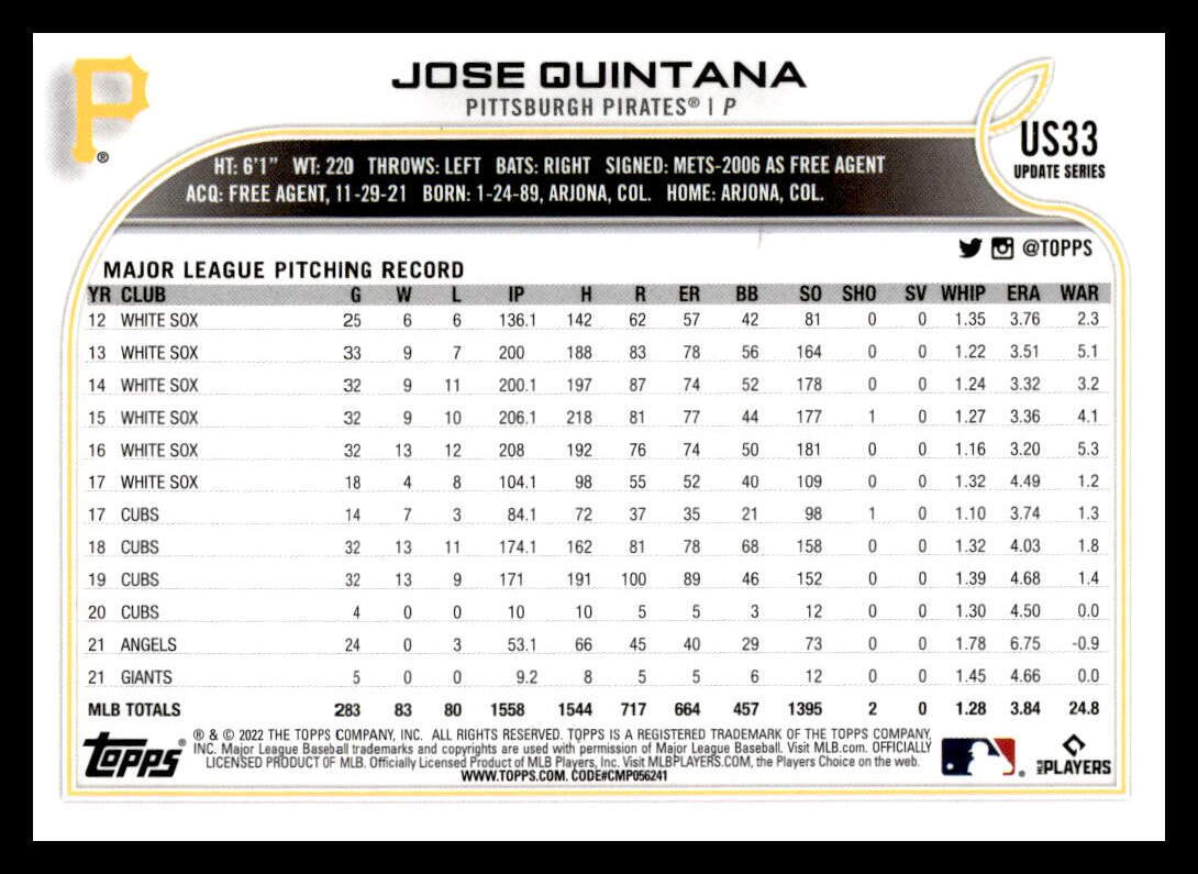 2022 Topps Update #US33 Jose Quintana    PR157