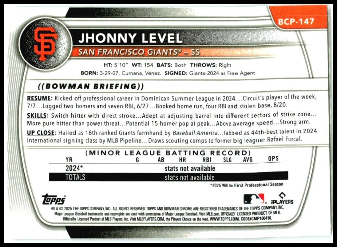 2025 Bowman Chrome Prospects #BCP-147 Jhonny Level San Francisco Giants