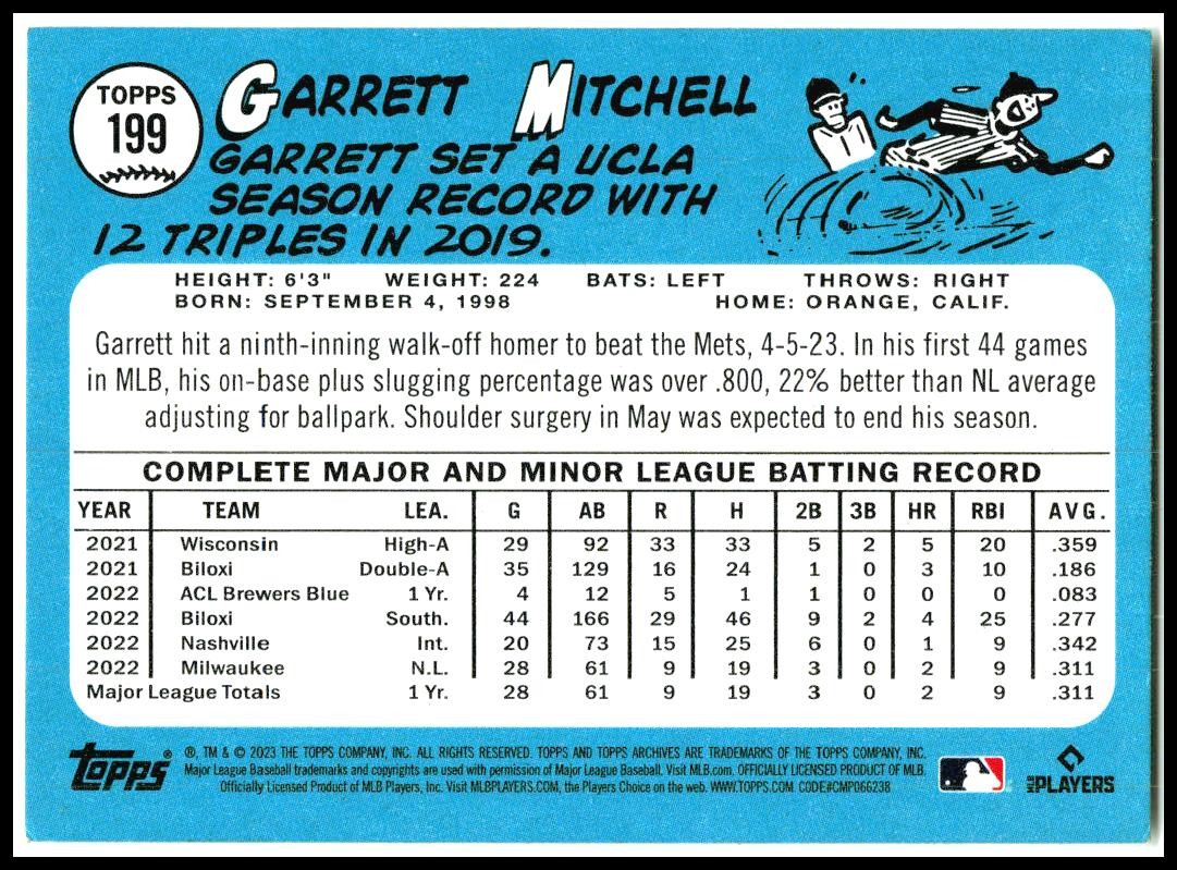 2023 Topps Archives #199 Garrett Mitchell Rookie Milwaukee Brewers