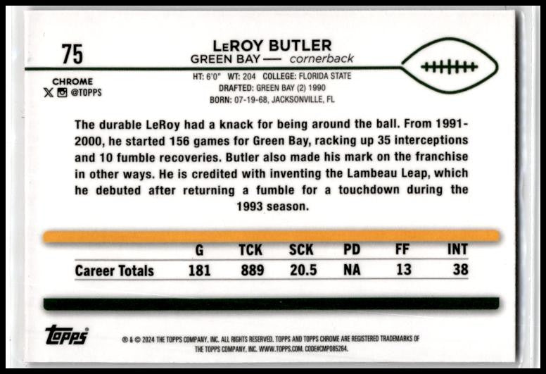2024 Topps Chrome Pink Refractor #75 LeRoy Butler Green Bay Packers