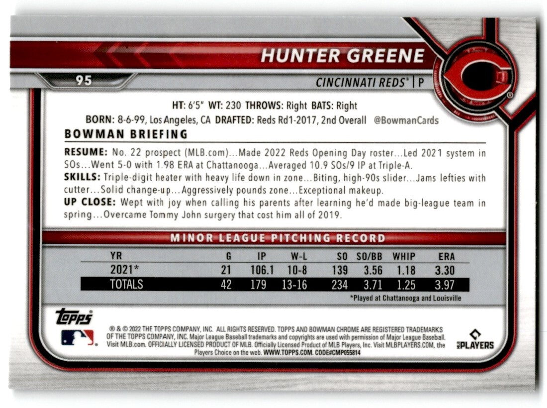2022 Bowman Chrome Hunter Greene Rookie Cincinnati Reds #95