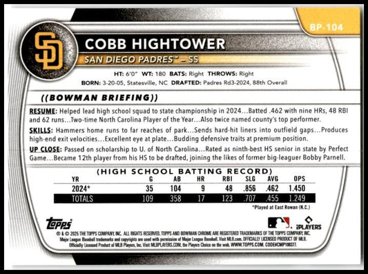 2025 Bowman Prospects #BP-104 Cobb Hightower San Diego Padres