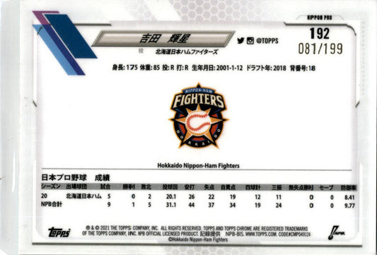 2021 Topps NPB Aqua Refractor 92 Kosei Yoshida /199 Hokkaido Nippon-Ham Fighter