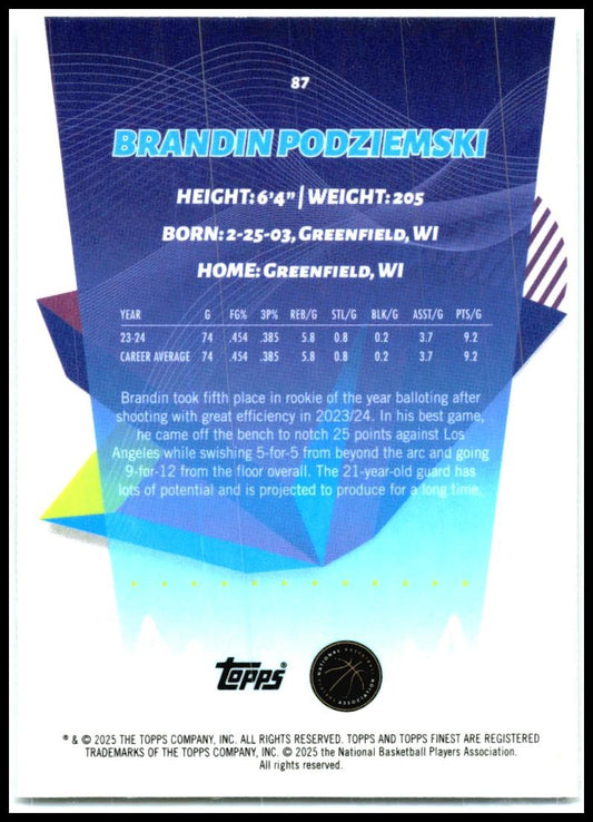 2024-25 Topps Finest #87 Brandin Podziemski Colorado Rockies