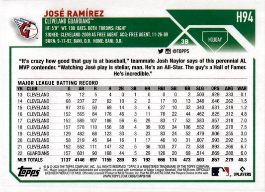 2023 Topps Holiday Metallic #H94 José Ramírez Cleveland Guardians