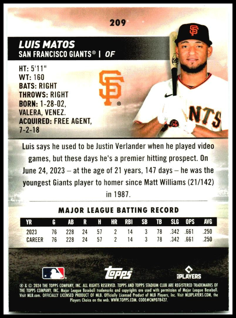 2024 Stadium Club #209 Luis Matos San Francisco Giants