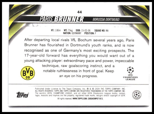 Paris Brunner #44 2023-24 Topps UEFA Club Competitions Rookie RC