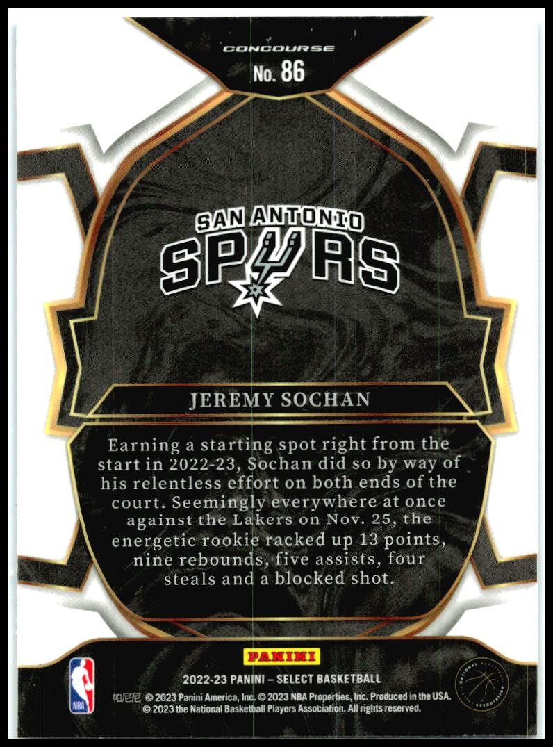 2022-23 Panini Select Blue #86 Jeremy Sochan Rookie San Antonio Spurs