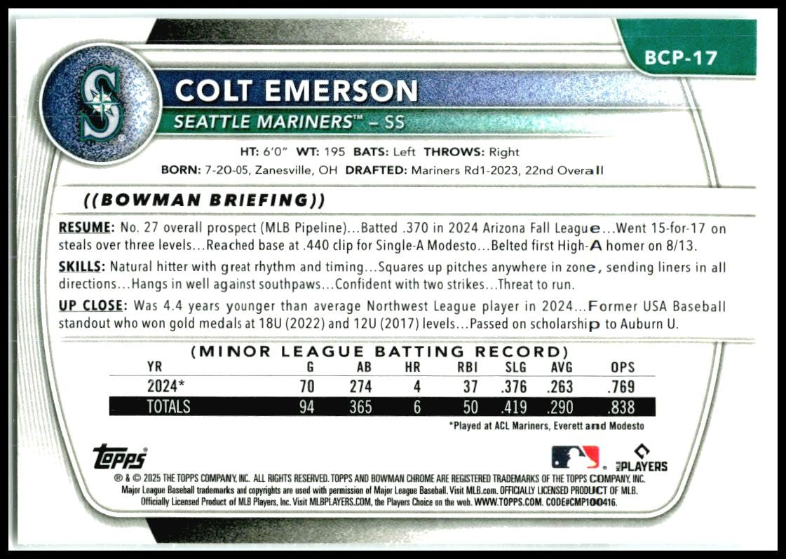 2025 Bowman Chrome Prospects #BCP-17 Colt Emerson Seattle Mariners
