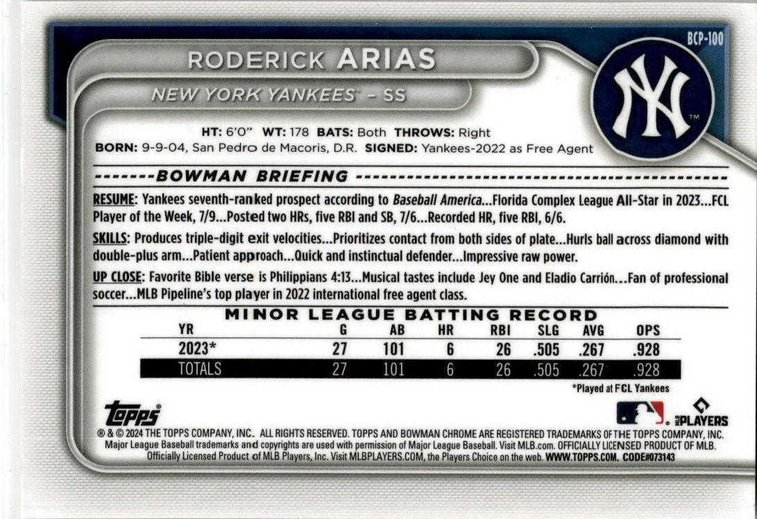 2024 Bowman Chrome Gold Shimmer #BCP-100 Roderick Arias New York Yankees