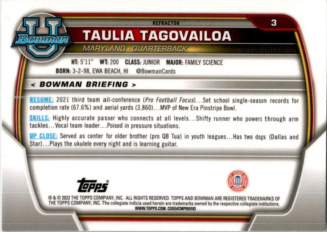 2022 Bowman University Chrome #3 Taulia Tagovailoa Maryland Terrapins