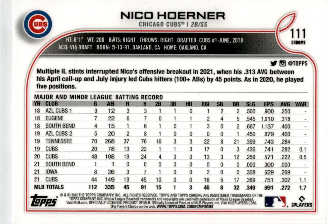 2022 Topps Chrome X-Fractor #111 Nico Hoerner Chicago Cubs