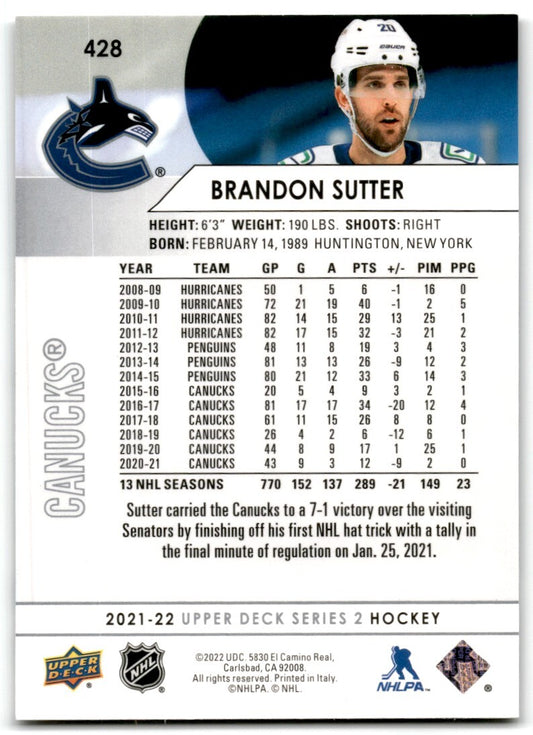 2021-22 Upper Deck Brandon Sutter Vancouver Canucks #428