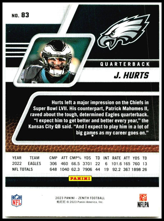 2023 Panini Zenith #83 Jalen Hurts Philadelphia Eagles