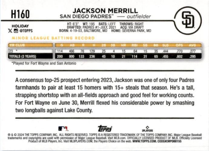 2024 Topps Holiday #H160b Jackson Merrill San Diego Padres
