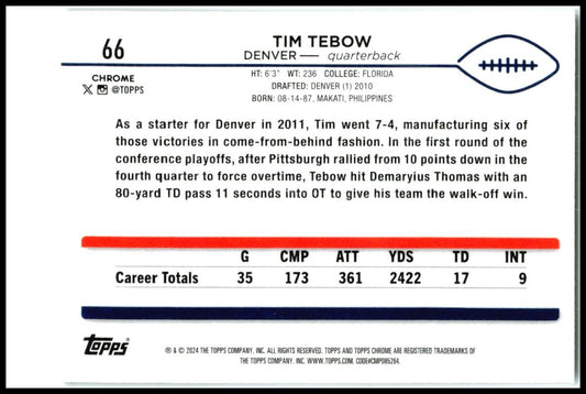 2024 Topps Chrome Refractor #66 Tim Tebow Denver Broncos