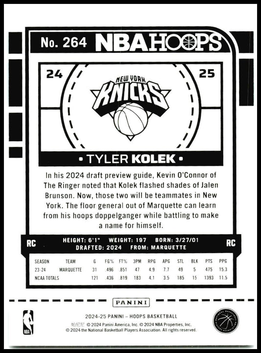 2024-25 Hoops Winter #264 Tyler Kolek Rookie New York Knicks