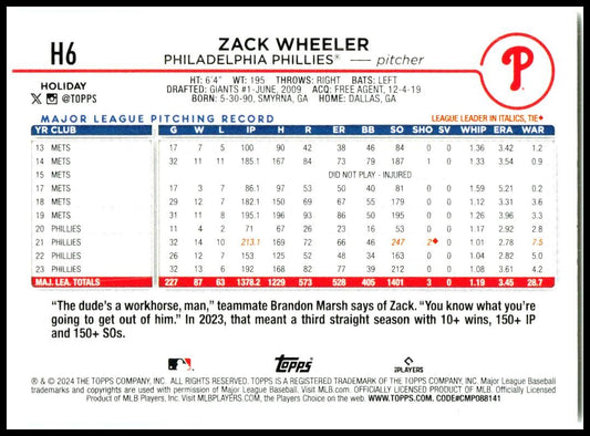 2024 Topps Holiday #H6 Zack Wheeler Philadelphia Phillies