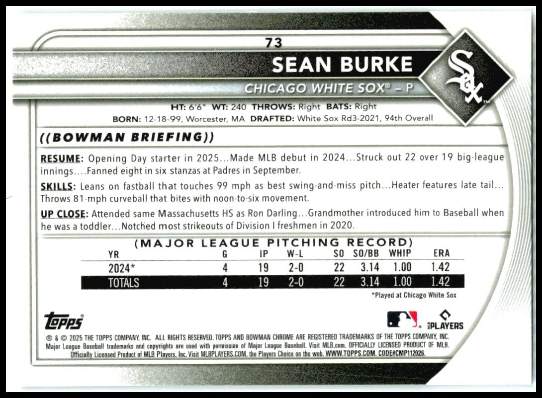 2025 Bowman Chrome #62 Sean Burke Rookie White Sox
