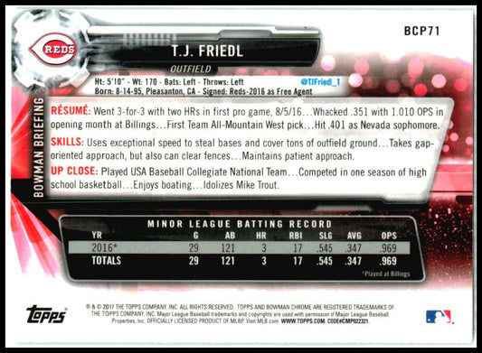2017 Bowman Chrome Prospects #BCP71 T.J. Friedl Cincinnati Reds