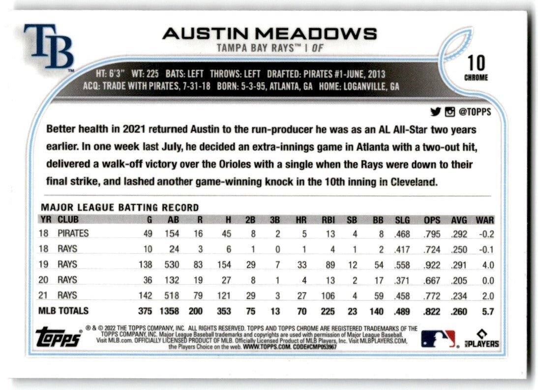 2022 Topps Chrome X-Fractor Austin Meadows Tampa Bay Rays #10