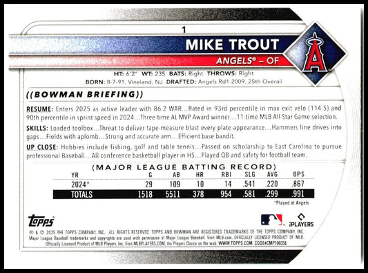 2025 Bowman #1 Mike Trout Los Angeles Angels