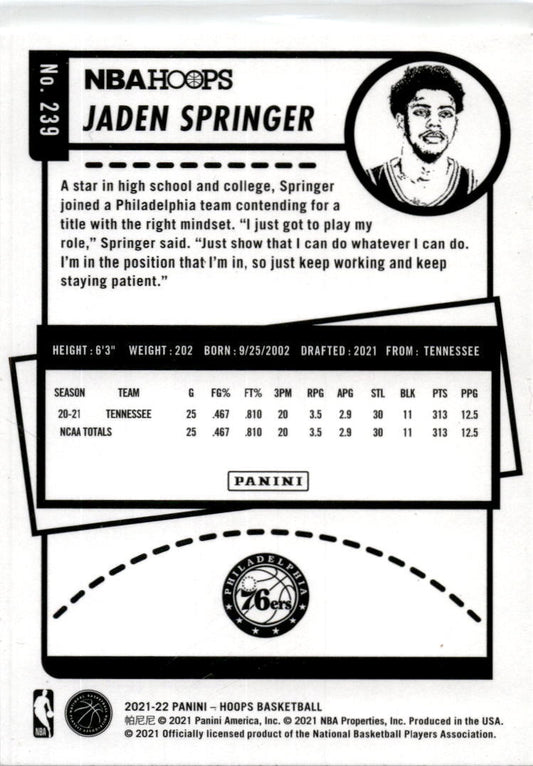 2021-22 Hoops Winter #239 Jaden Springer Rookie Philadelphia 76ers
