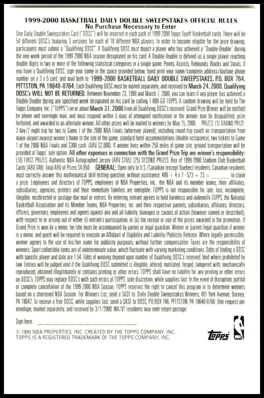 1999-00 Topps Tipoff Daily Double #NNO Tim Duncan San Antonio Spurs