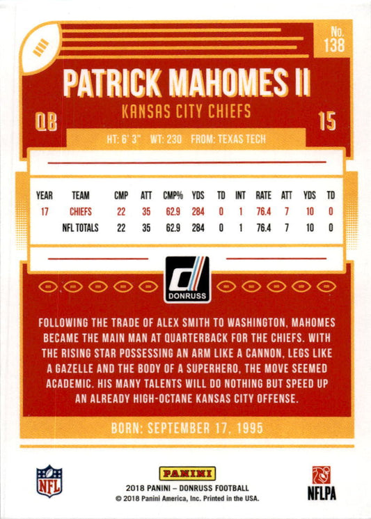 2018 Donruss #138 Patrick Mahomes II Kansas City Chiefs