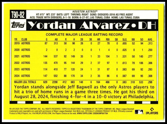2025 Topps 1990 Topps Baseball 35th Anniversary #T90-82 Yordan Alvarez Astros