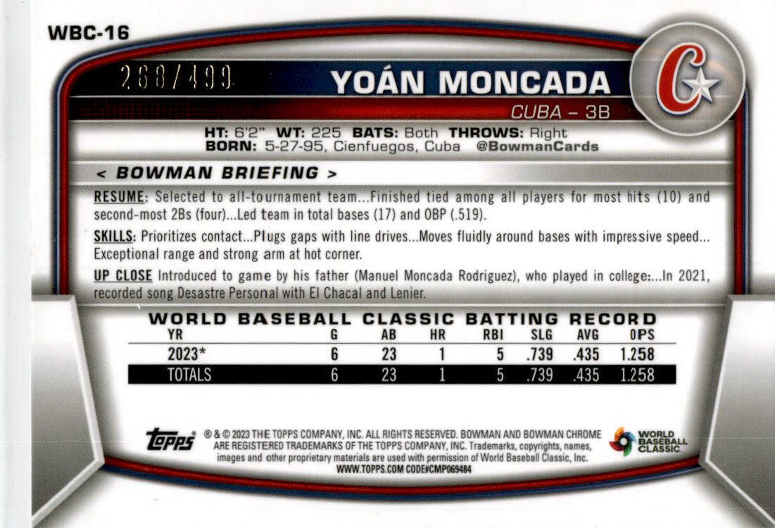 2023 Bowman Chrome #WBC-16 Yoan Moncada 268/499 Chicago White Sox.
