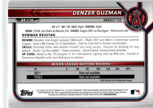 2022 Bowman #BP-138 Denzer Guzman Los Angeles Angels