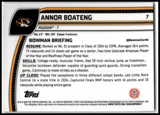 2024-25 Bowman University Chrome Green Shimmer Refractor #7 Annor Boateng Tigers