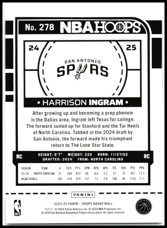 2024-25 Hoops Winter #278 Harrison Ingram Rookie San Antonio Spurs