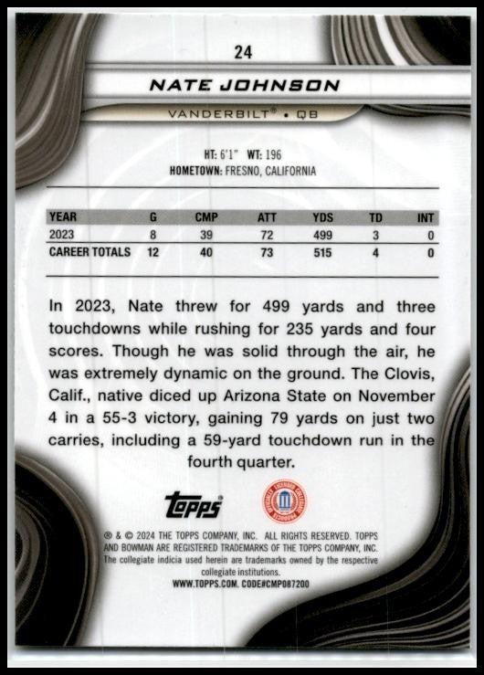 2024 Bowman University Best #24 Nate Johnson Vanderbilt Commodores