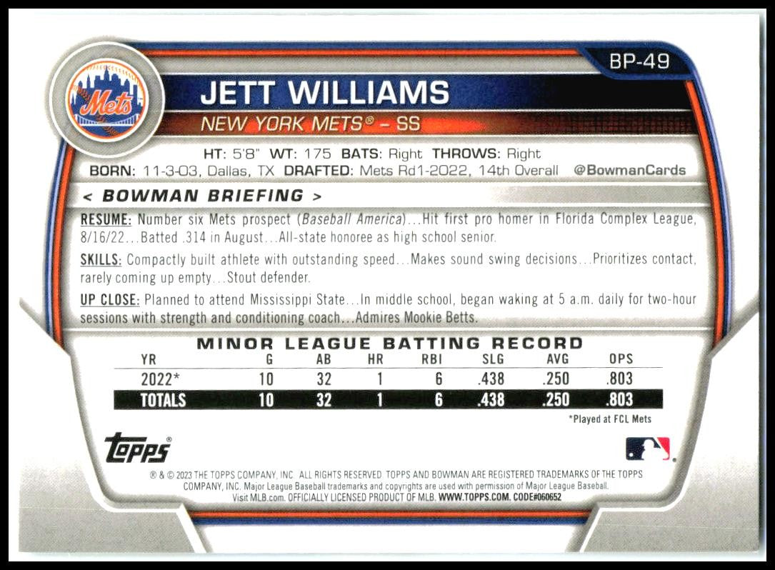 2023 Bowman #BP-49 Jett Williams New York Mets