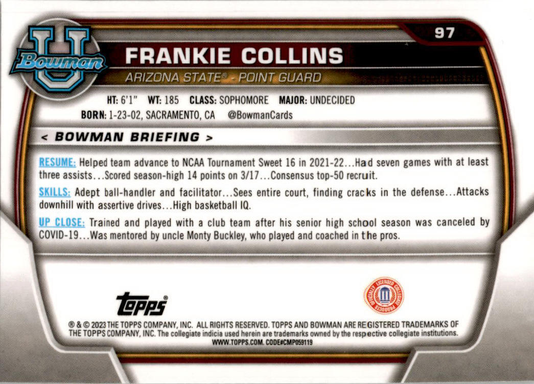 2022-23 Bowman University Chrome #97 Frankie Collins Arizona State Sun Devils