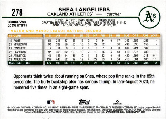 2024 Topps Gold Foil #278 Shea Langeliers Oakland Athletics