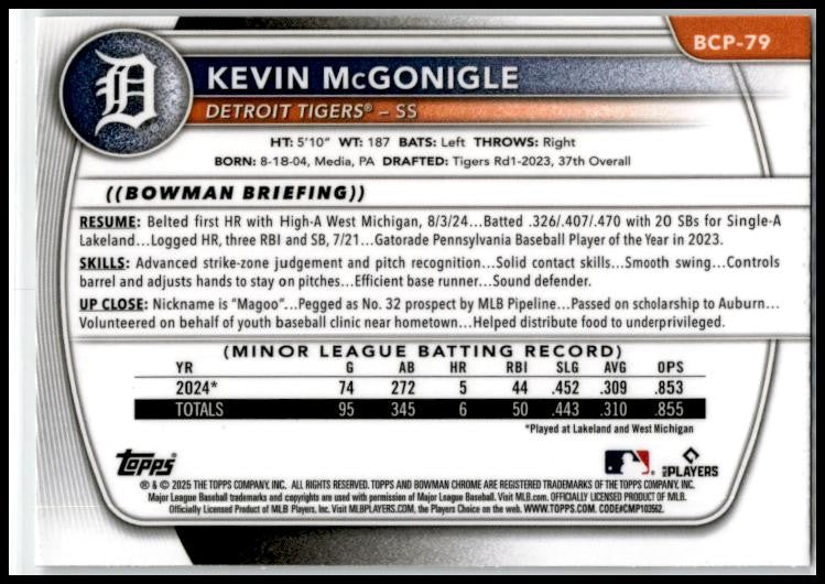 2025 Bowman Mojo Refractor #BP-79 Kevin McGonigle Detroit Tigers