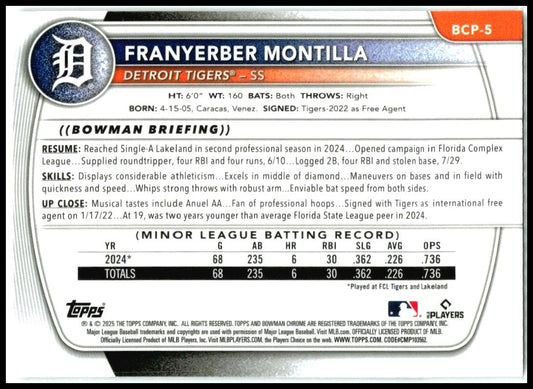 2025 Bowman Chrome Prospects Mojo Refractor #BCP-5 Franyerber Montilla Detroit