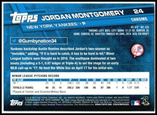 2017 Topps Chrome #24 Jordan Montgomery Rookie New York Yankees