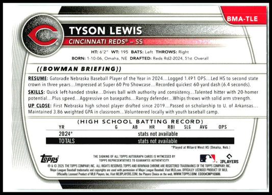 2025 Bowman Chrome Prospects Autos Mojo Refractor #BMA-TLE Tyson Lewis Auto Reds