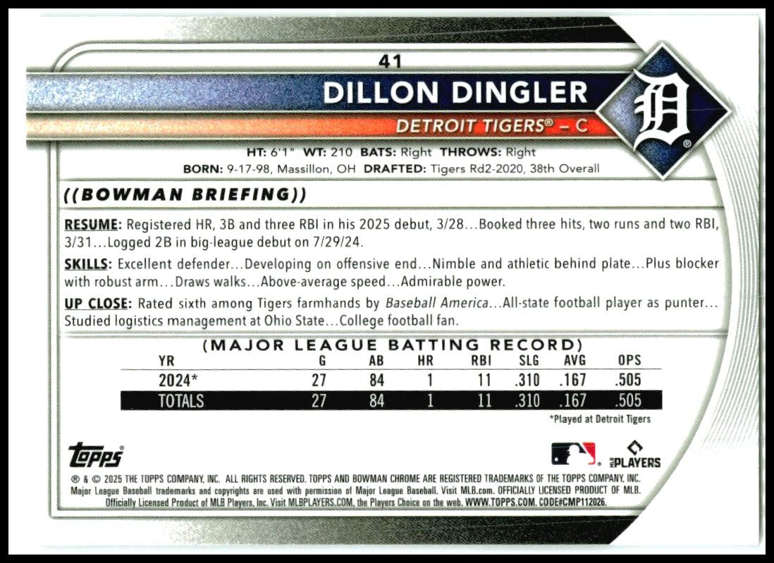 2025 Bowman Chrome #41 Dillon Dingler Rookie Detroit Tigers