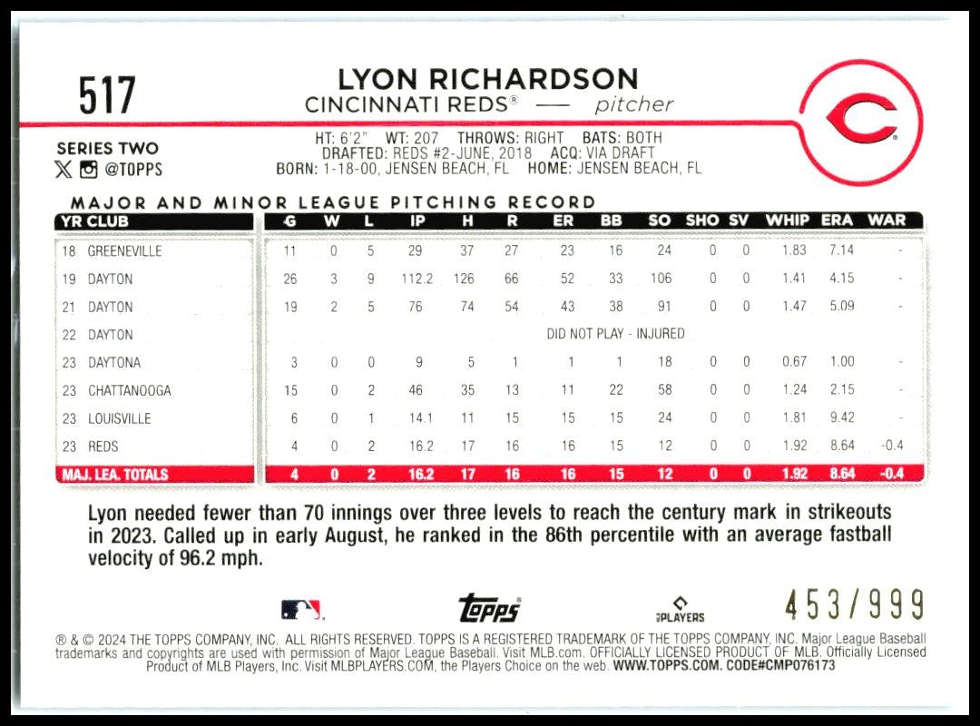 2024 Topps Blue Holofoil #517 Lyon Richardson Rookie #/999 Cincinnati Reds