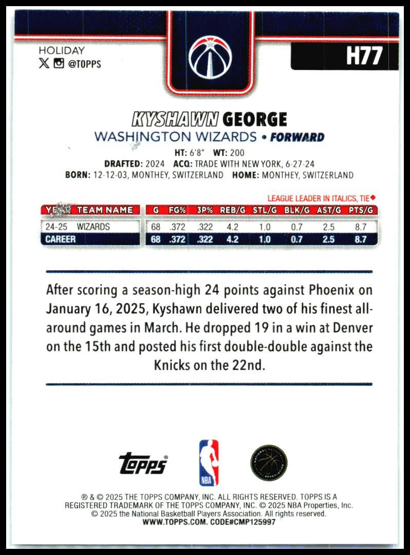 2025-26 Topps Holiday Glitter Holiday #H77 Kyshawn George Wizards