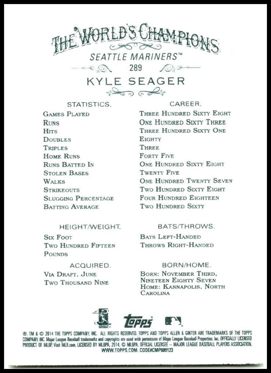 2014 Topps Allen & Ginter #289 Kyle Seager Seattle Mariners
