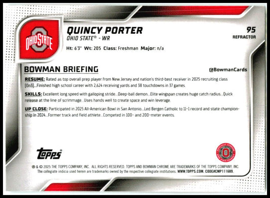 2025 Bowman Chrome University Refractor #95 Quincy Porter Ohio State