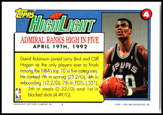 1992-93 Topps Gold #4 David Robinson San Antonio Spurs