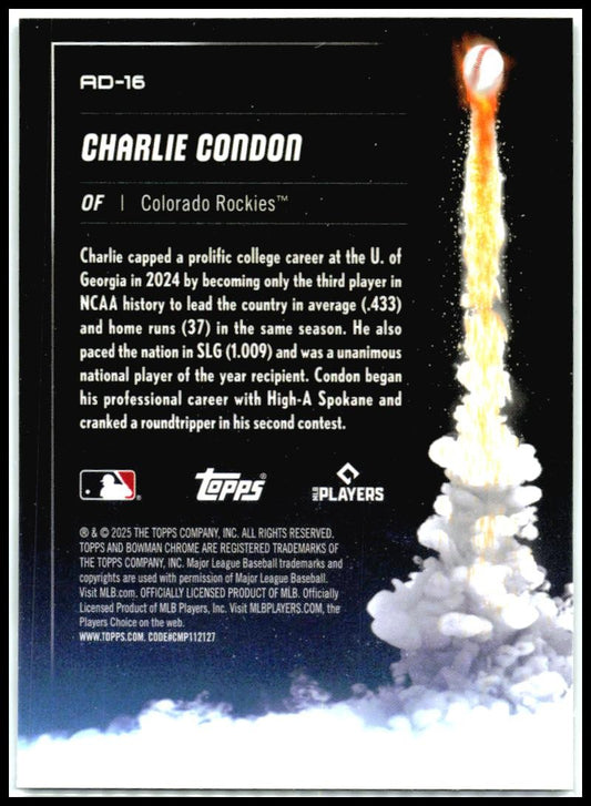 2025 Bowman Chrome Adios #AD-15 Charlie Condon Rockies